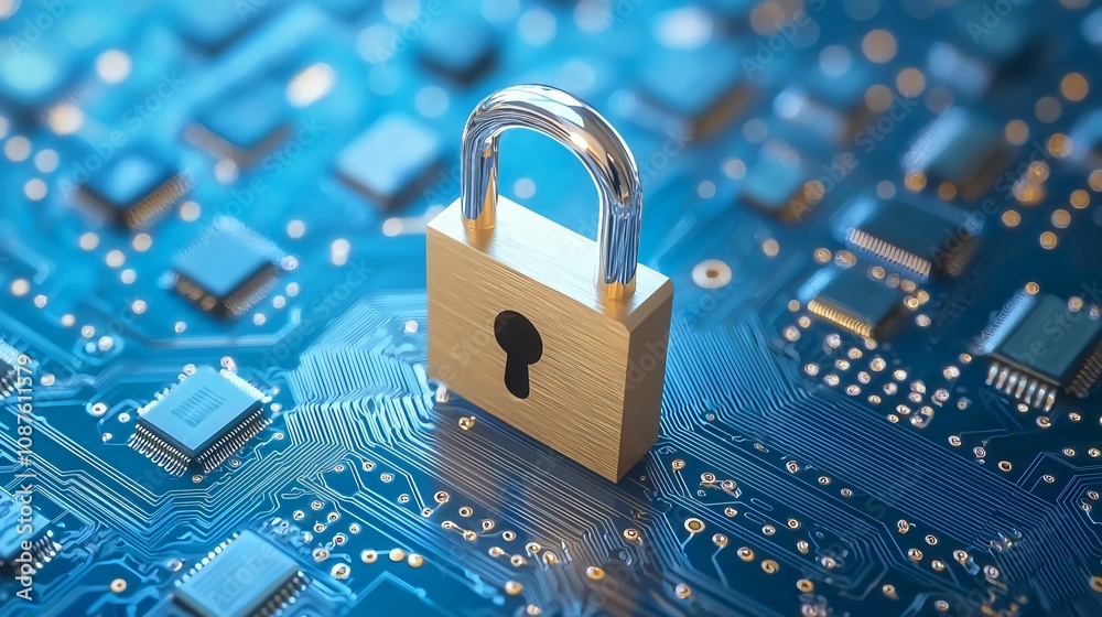Cybersecurity awareness. A digital padlock sits on a circuit board, symbolizing cybersecurity and data protection in a technology-driven world. Cybersecurity awareness. A digital padlock sits on a circuit board, symbolizing cybersecurity and data protection in a technology-driven world.