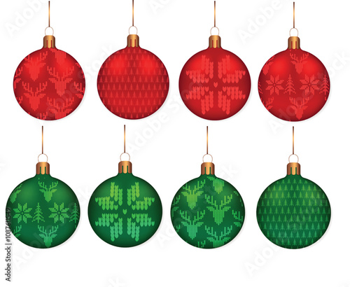 Set of  red and green Christmas baubles on transparent backgroundArt & Illustration