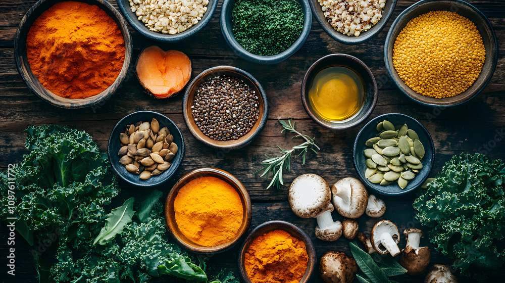 An Exquisite Overhead View of a Wooden Table Styled with an Array of Gourmet Ingredients for a Culinary Masterpiece An Exquisite Overhead View of a Wooden Table Styled with an Array of Gourmet Ingredients for a Culinary Masterpiece
