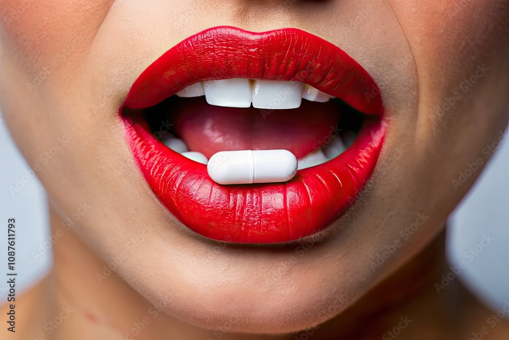 Obraz premium A young woman with red lipstick is taking pills.