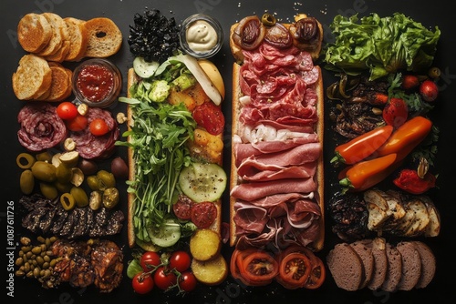 A deconstructed sandwich, with bread, meat, vegetables, and condiments. photo