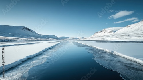 Arctic River Frozen Landscape Winter Mountains, Snow, Ice, Blue Water