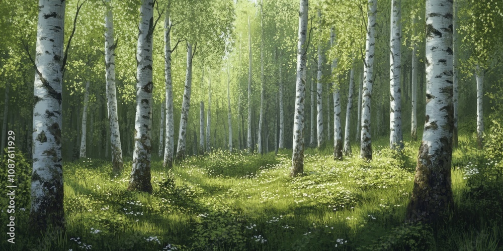 Obraz premium Birches forest in springtime showcases the beauty of nature, with vibrant greenery and fresh blossoms. Experience the serene atmosphere of a birches forest during this enchanting season.