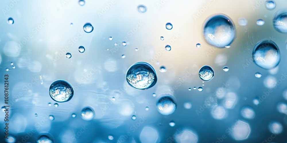 Macro image capturing water drops on glass with a backdrop of a soft blue blurred sky, showcasing the intricate details of water drops and their reflective qualities in a serene atmosphere.