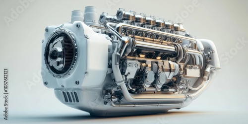 Marine diesel engine designed for ships, showcasing a white motor. This internal combustion engine is ideal for speedboats and shipbuilding, featuring a diesel engine with chrome elements and a