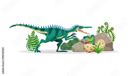 Prehistoric Baryonyx dinosaur cute character. Extinct reptile, paleontology animal or Jurassic era dinosaur funny cartoon vector personage. Prehistoric lizard comic character with cheerful baby in egg