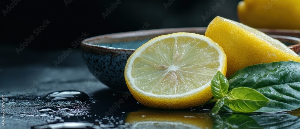 Fresh lemons and mint leaves on a dark surface, highlighting vibrant colors and textures.