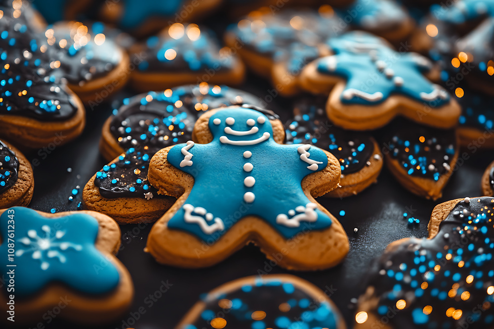 Abstract digital background of gingerbread cookies by connecting data points in blue and black colors Abstract digital background of gingerbread cookies by connecting data points in blue and black colors