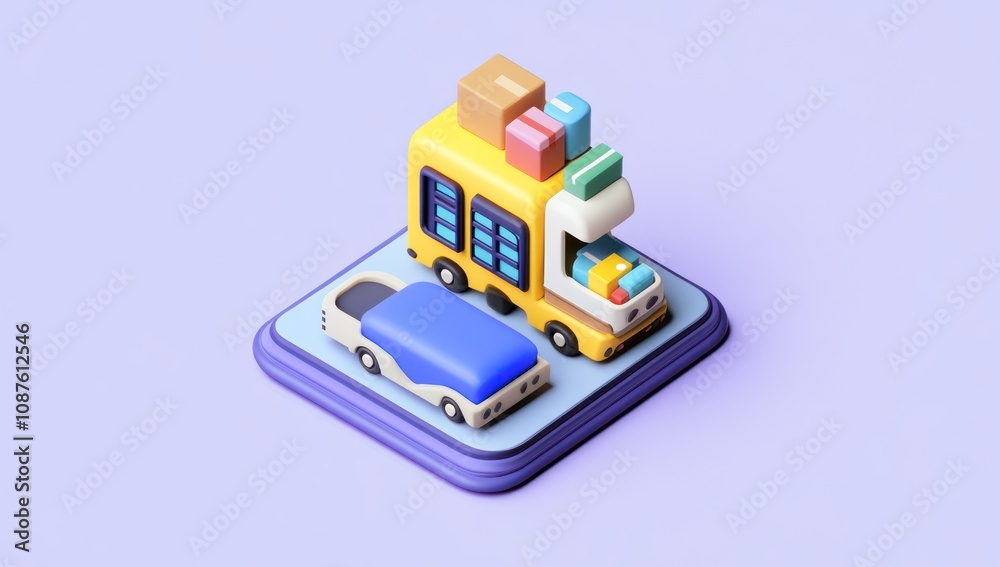 A colorful 3D rendering of toy vehicles with boxes, suggesting delivery or transport play. A colorful 3D rendering of toy vehicles with boxes, suggesting delivery or transport play.