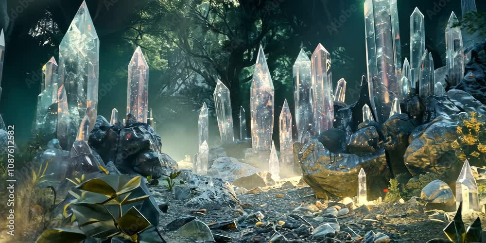 Ethereal grove filled with shimmering crystal formations, emitting soft, enchanting lights, 4K Video