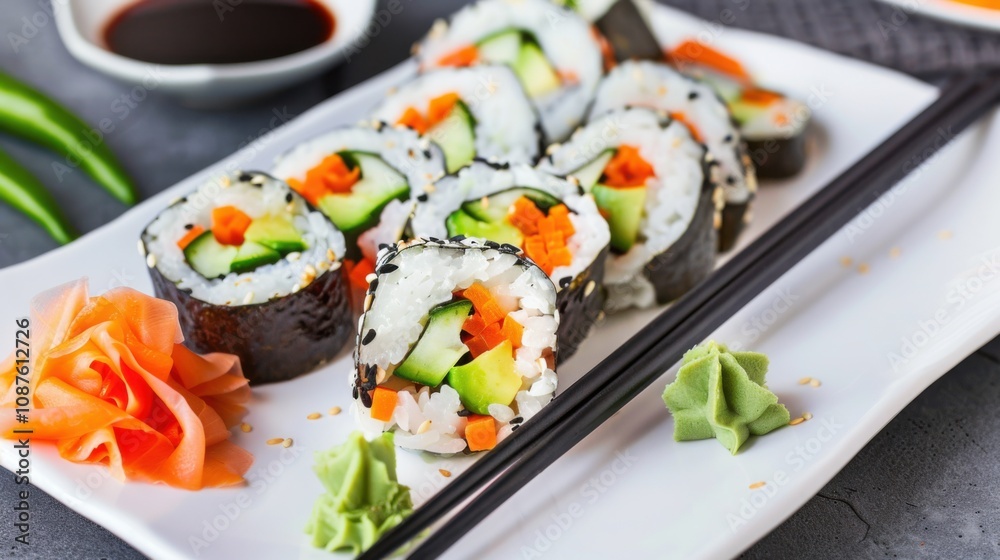A colorful plate of vegetable sushi rolls with avocado, cucumber A colorful plate of vegetable sushi rolls with avocado, cucumber