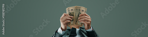 businessman with some dollar notes, banner format photo