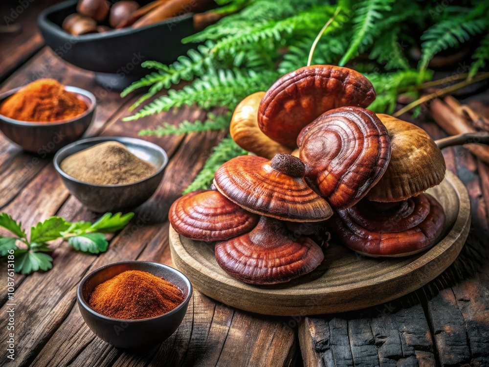 Reishi Mushroom and Powder on Natural Background - Health Benefits and Uses Reishi Mushroom and Powder on Natural Background - Health Benefits and Uses