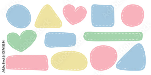 Set patches of different shapes with dotted line. Blue, pink, yellow, green dotted patches. Pastel templates, place for text or photo frames. Vector elements isolated on white background. 