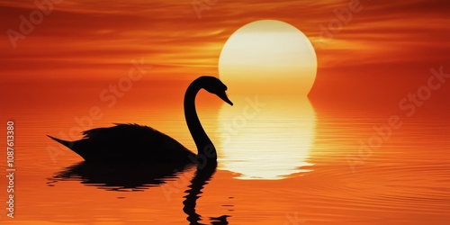 Fototapeta Naklejka Na Ścianę i Meble -  Silhouette of a solitary swan captured in the serene reflection of the setting sun on tranquil water, creating an enchanting scene featuring the swan s elegant form and the sunset glow.