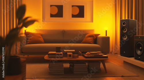 A minimalist living room with a couch, warm yellow lighting, a coffee table filled with books, and chill lo-fi music emanating from a sleek sound system.