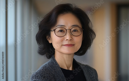 Friendly but Focused Middle Aged Asian Woman in Professional Setting Round Glasses Neutral Toned Cardigan Serious Expression Business Attire