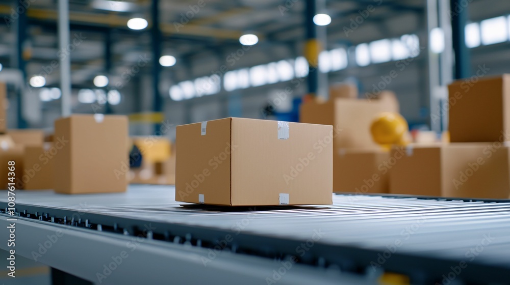 E-commerce logistics fulfillment. A close-up of a cardboard box on a conveyor belt in a warehouse, showcasing a busy logistics environment with other boxes in the background. E-commerce logistics fulfillment. A close-up of a cardboard box on a conveyor belt in a warehouse, showcasing a busy logistics environment with other boxes in the background.