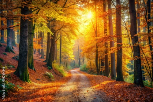 Serene Autumn Pathway Through a Forest of Fallen Leaves for Nature Lovers