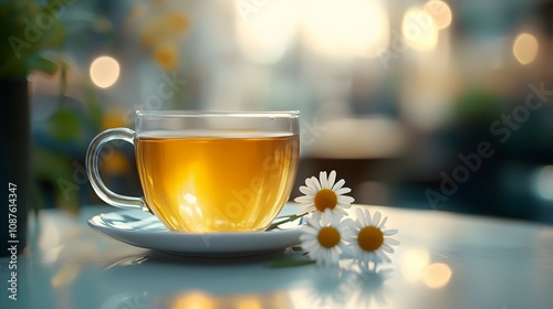 Healthy hot camomile tea on white table with blurred background