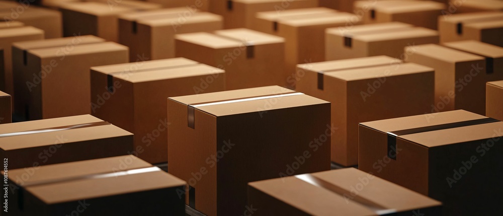 E-commerce logistics fulfillment. A series of neatly arranged cardboard boxes, showcasing a uniform pattern and emphasizing storage, shipping, or distribution. E-commerce logistics fulfillment. A series of neatly arranged cardboard boxes, showcasing a uniform pattern and emphasizing storage, shipping, or distribution.