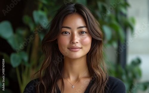 Young Attractive Elegant Asian Woman with Long Brown Hair Natural Smile Soft Features against Indoor Backdrop of Lush Green Plants with Natural Light