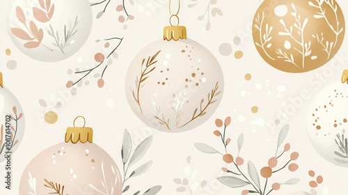 A whimsical hand-drawn seamless pattern featuring Christmas baubles in muted tones of gold, white, and blush pink, each decorated with delicate botanical elements like leaves and berries. 