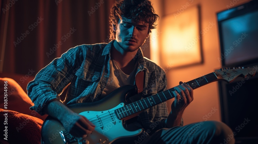 Obraz premium Young Musician Playing Electric Guitar at Night in Room