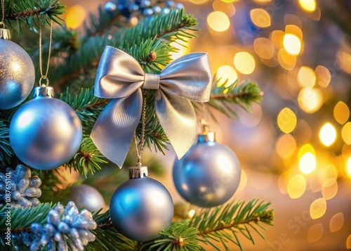 Silver Christmas Ornaments with Blue Velvet Bows on a Festive Tree