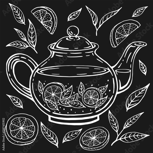 Set with glass teapot, lemon slices, tea leaves. Hand drawn vector illustration in outline style.