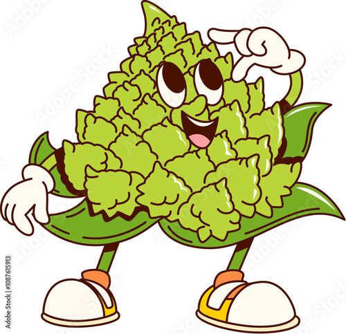 Groovy Romanesco cabbage vegetable character with happy face, vector retro cartoon. Groovy funky Romanesco cabbage comic emoji in good vibes with cute smile for vegetable food cartoon character