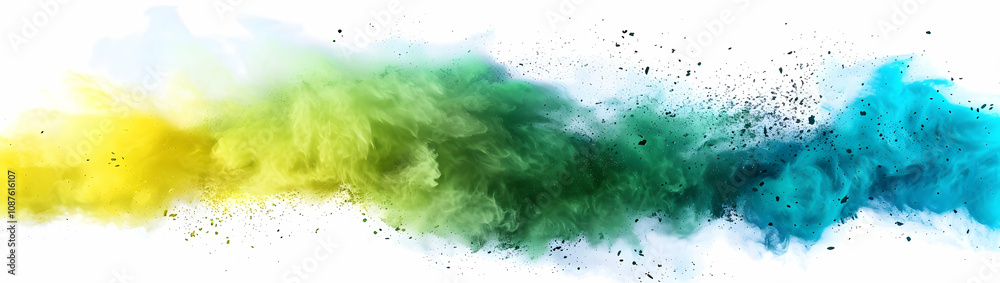 Obraz premium Colorful powder explosion in green, blue, and yellow colors on a white background