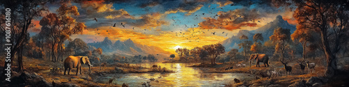 Majestic sunset over a tranquil wildlife scene featuring elephants by the water, perfect for wall art, posters, and nature-themed decorations.