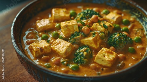 A bowl of tofu curry with broccoli, peas, and chickpeas in a rich sauce.