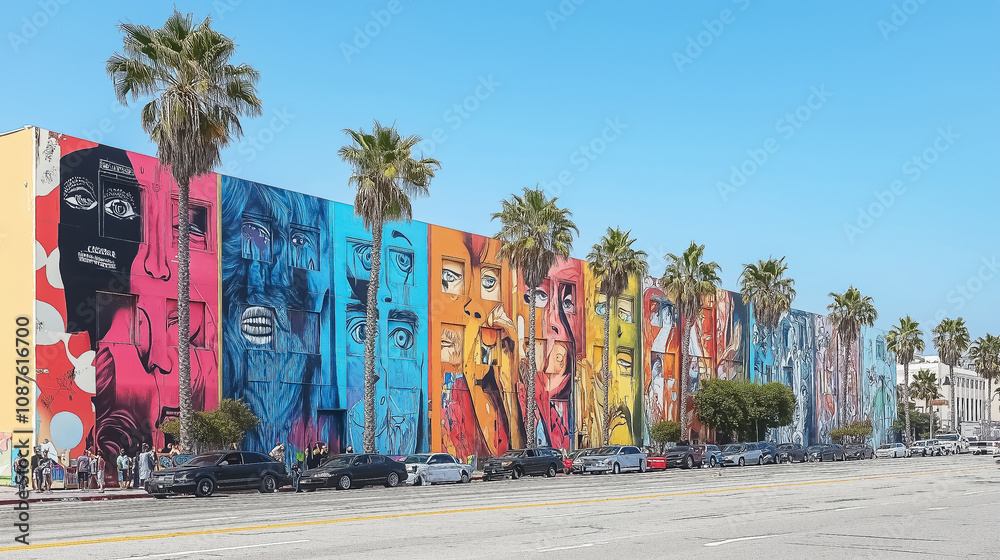 Fototapeta premium Vibrant street art murals featuring expressive faces and colorful designs, ideal for wall art, posters, wallpapers, and urban decoration in outdoor settings.