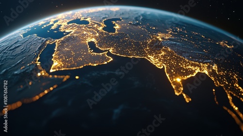 A stunning view of Earth at night, showcasing illuminated cities across Europe and parts of Asia, highlighting human activity from space.