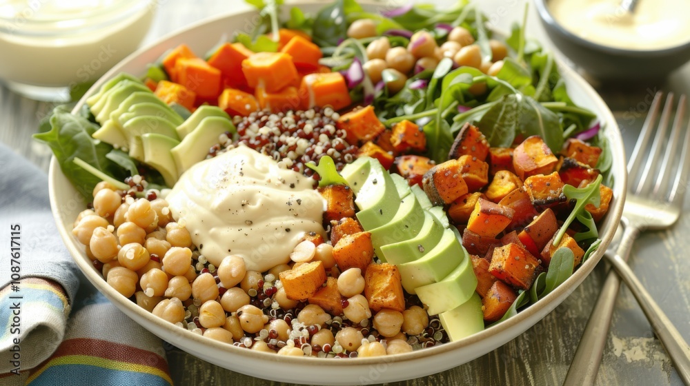 A colorful salad bowl with quinoa, roasted sweet potatoes A colorful salad bowl with quinoa, roasted sweet potatoes
