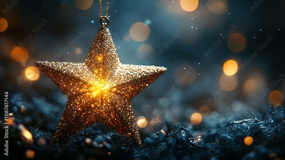 Glittering Gold Star Ornament Hanging Festive Lights Glittering Gold Star Ornament Hanging Festive Lights