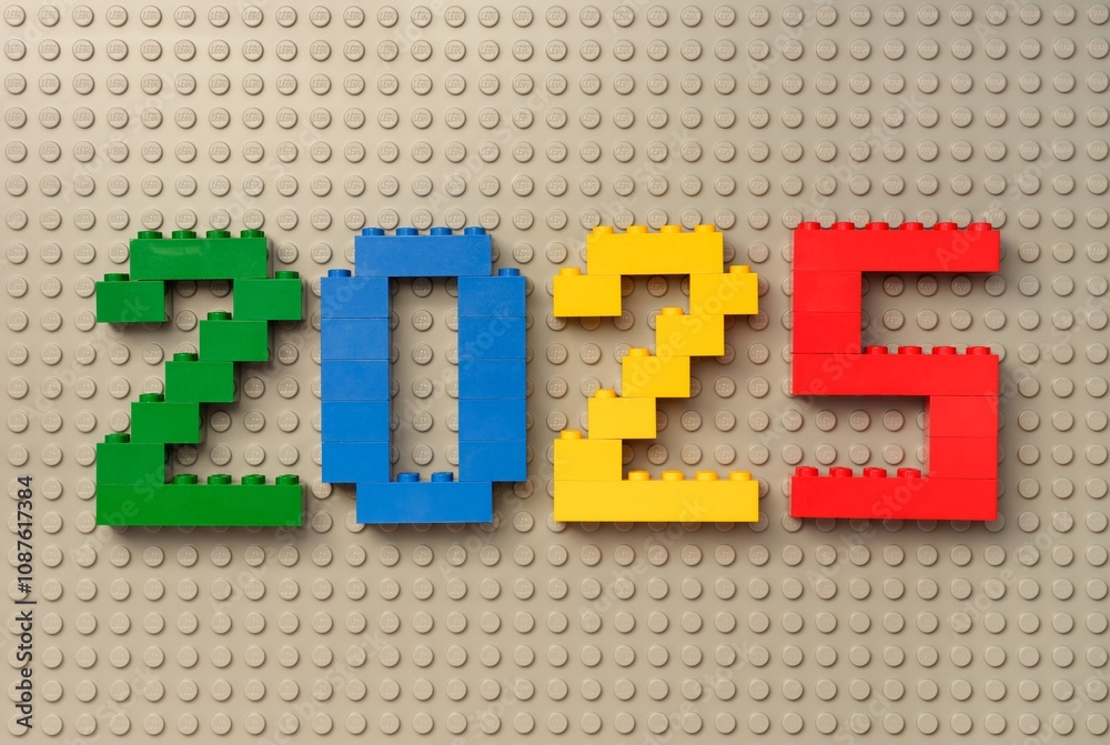 Fototapeta premium Tambov, Russian Federation - October 13, 2024 Lego numbers 2025 on gray baseplate.