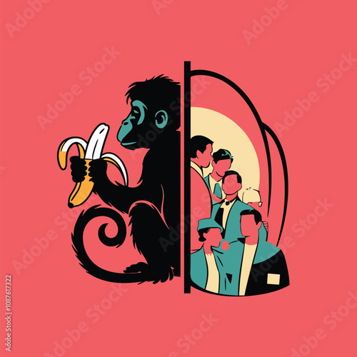 monkey art drawing with brain and banana colorful line art illustration