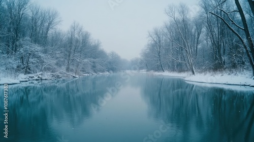 Serene Winter River Scene SnowCovered Trees Reflecting in Teal Waters