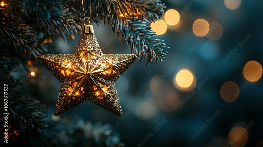 Glittering Gold Star Ornament on Christmas Tree Glittering Gold Star Ornament on Christmas Tree