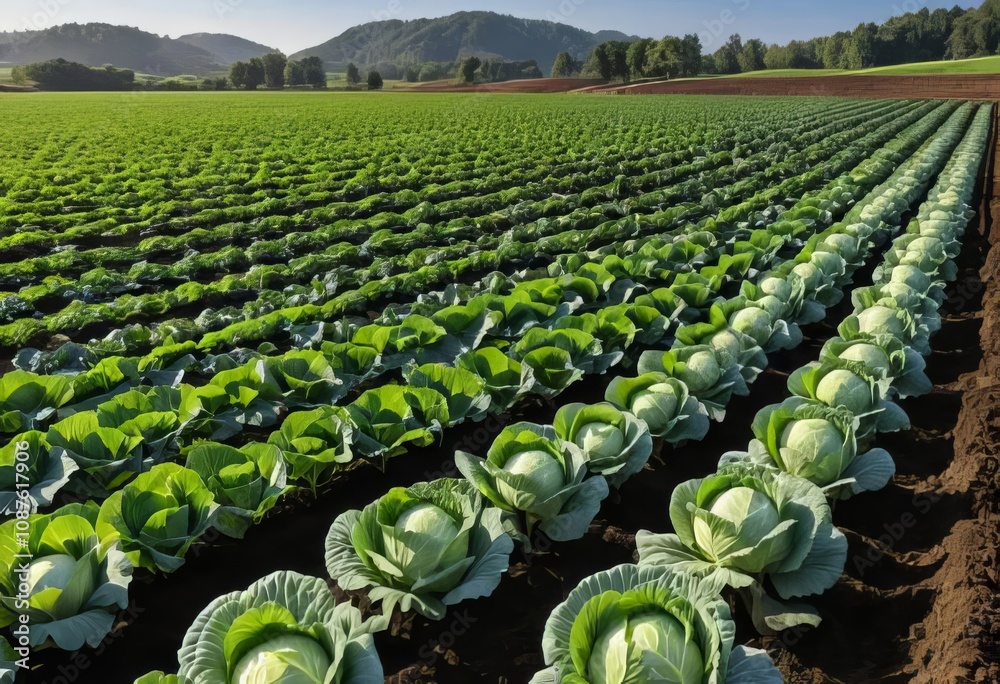 Fototapeta premium A field filled with rows of young cabbage plants, with a beautiful landscape in the background.