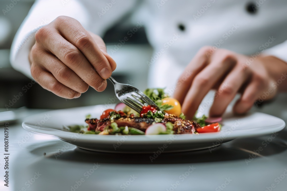 A chef plating up an exquisite dish, with intricate presentation and vibrant colors of the food. The plate is placed on a sleek white surface . A chef plating up an exquisite dish, with intricate presentation and vibrant colors of the food. The plate is placed on a sleek white surface .