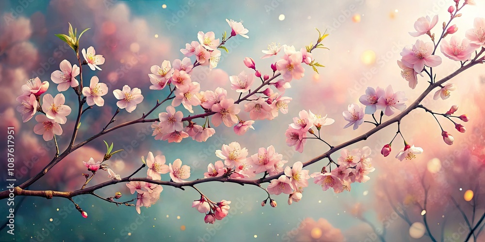 Fototapeta premium Surreal Cherry Blossom Elegance - Capturing the Essence of Mono no Aware in a Pastel Sky