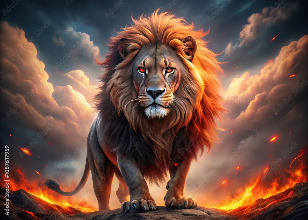 Naklejka premium Red-eyed Hell Lion, rule of thirds, digital art, intense.