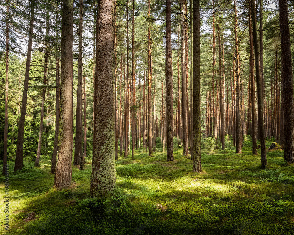 A misty pine forest at dawn, featuring towering trees and green grass, creating an enchanting and atmospheric scene, ai. A misty pine forest at dawn, featuring towering trees and green grass, creating an enchanting and atmospheric scene, ai.