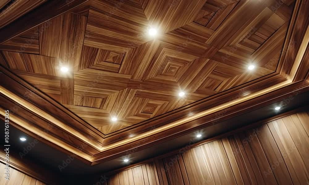 Elegant wooden ceiling design with recessed lighting, showcasing intricate patterns. Elegant wooden ceiling design with recessed lighting, showcasing intricate patterns.