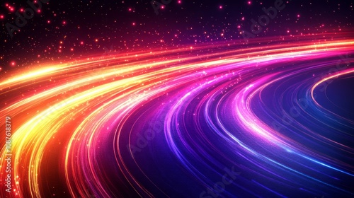 Abstract vibrant light trails curve, glowing streaks, dynamic motion, colorful energy, cosmic background, futuristic speed, neon, bright, sparkle, galaxy.