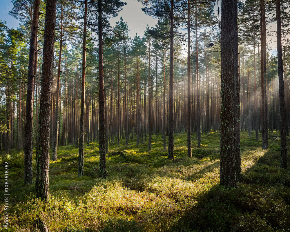 A dense pine forest shrouded in morning fog, with tall trees and lush grass, creating a mysterious atmosphere, ai. A dense pine forest shrouded in morning fog, with tall trees and lush grass, creating a mysterious atmosphere, ai.